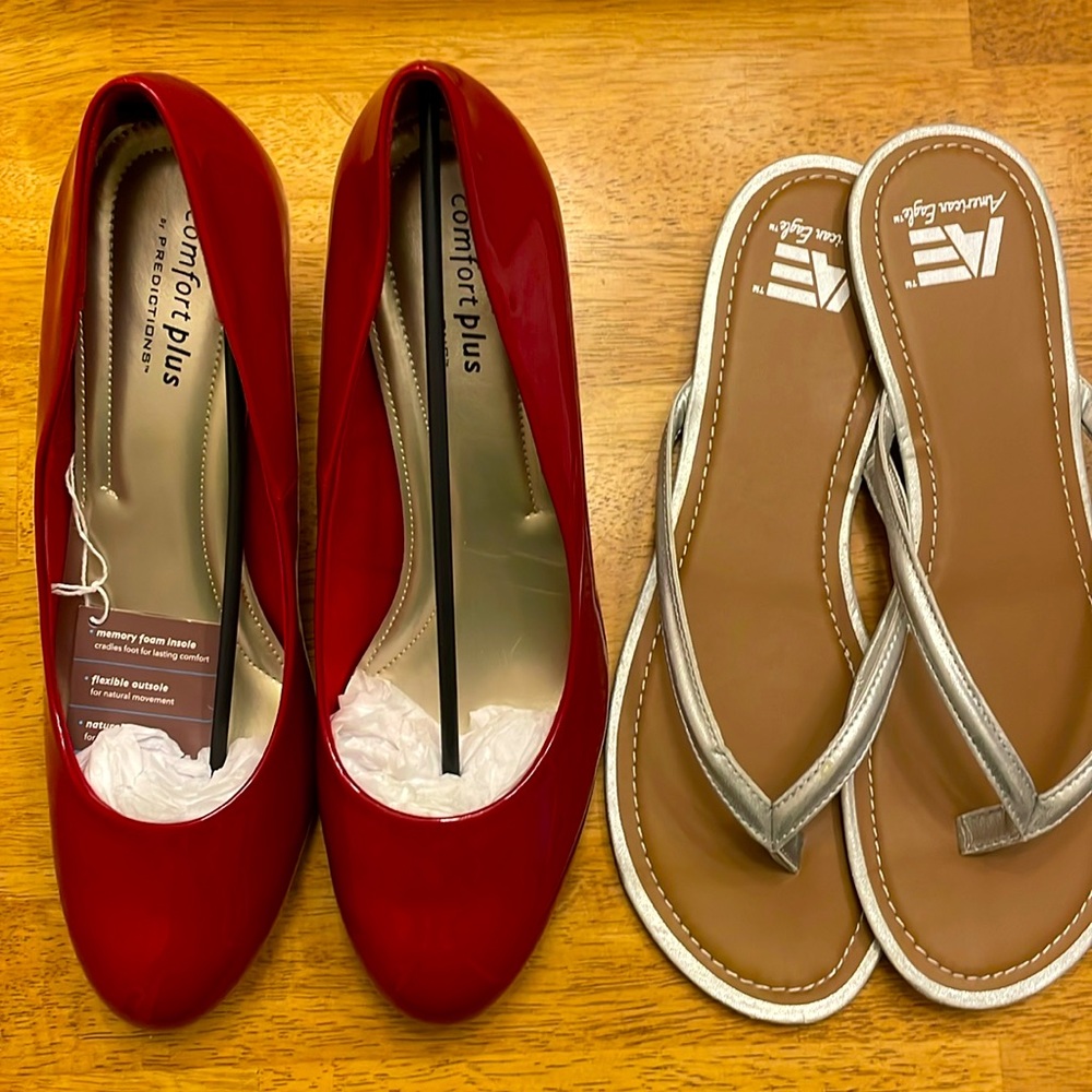 Red patent leather heels (comfort plus) and silver thongs size 13. Never worn.